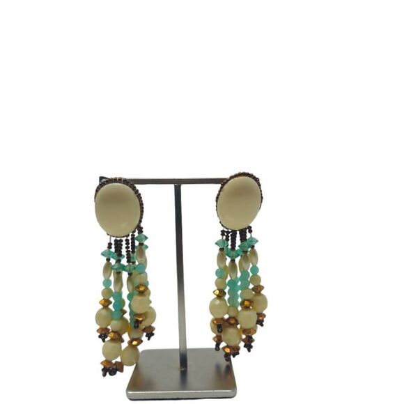 Handmade Elegant Vintage Cream & Teal Beaded Dangle Clip-On Earrings | 3.50" - Picture 3 of 6